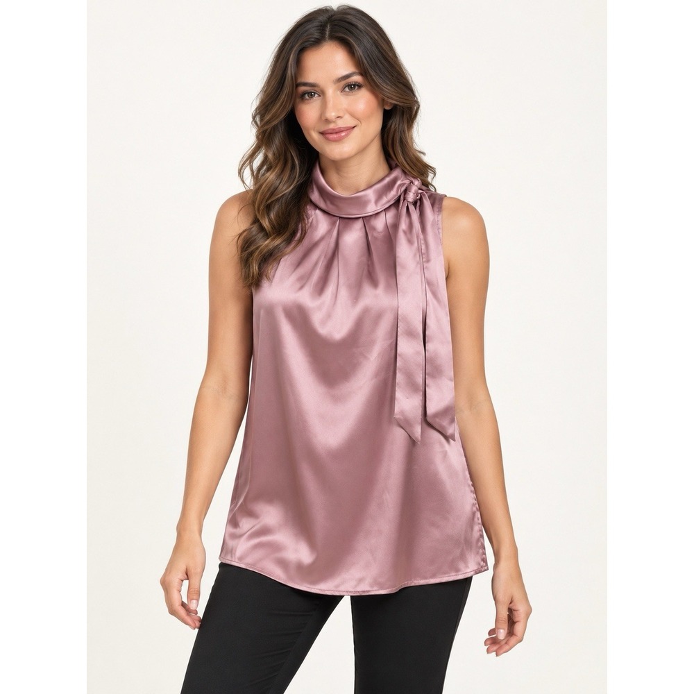 NWT Allegra K Womens Small Dusty Rose Satin Sleeveless Tie Neck Blouse Top #28